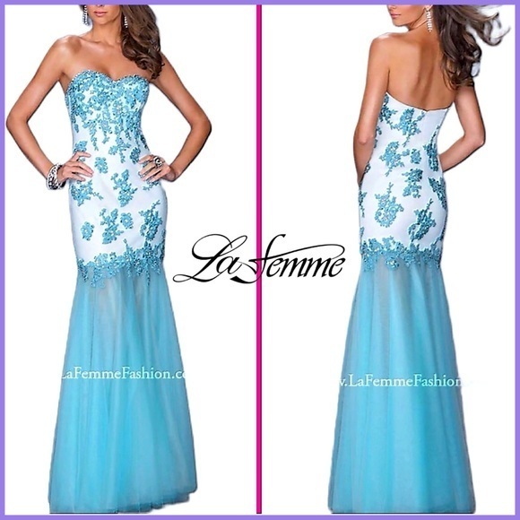 La Femme Aqua Blue & White Strapless Lace Embellished Tulle Gown Dress